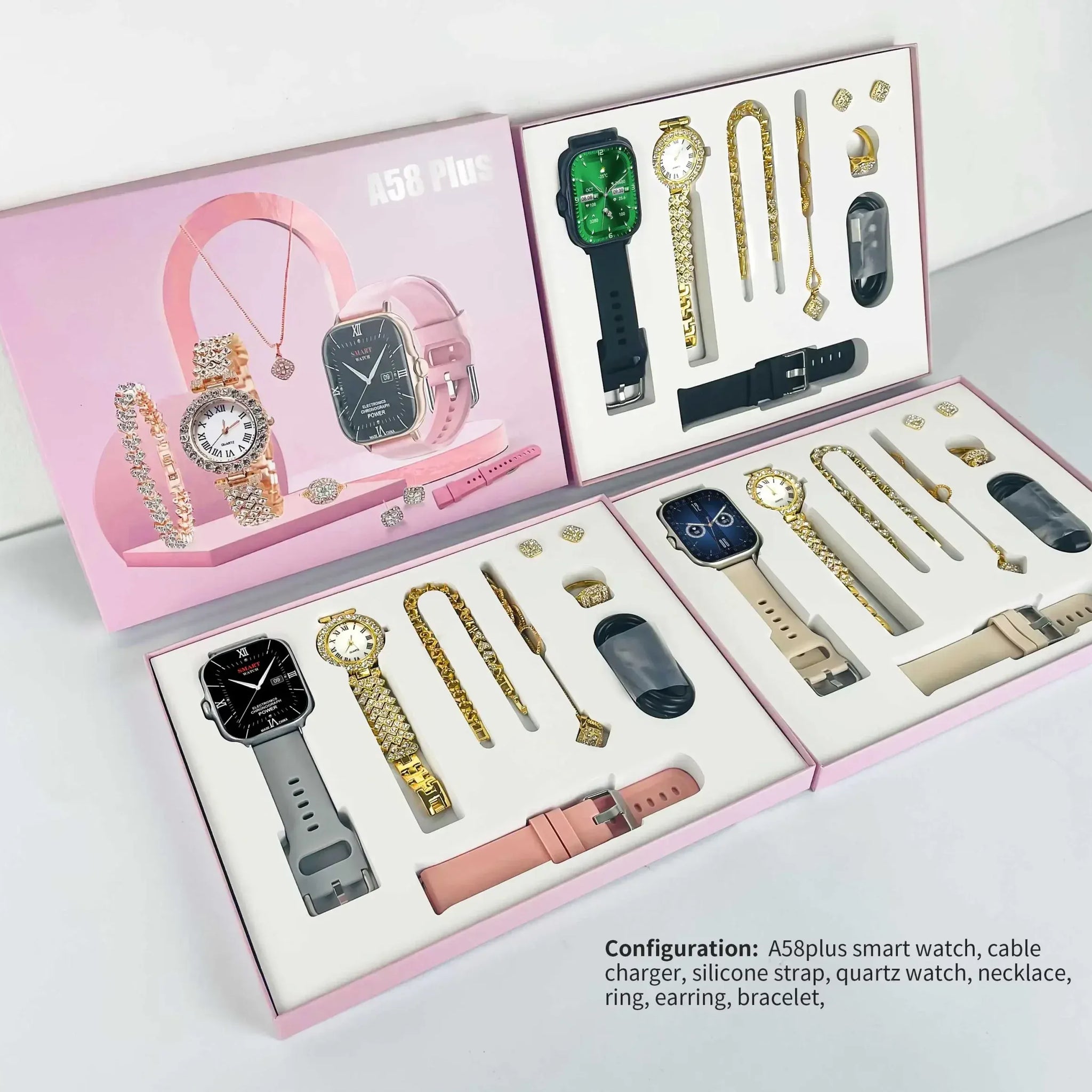 6-in-1 Smartwatch & Jewelry Gift Set – A58 Plus for Women