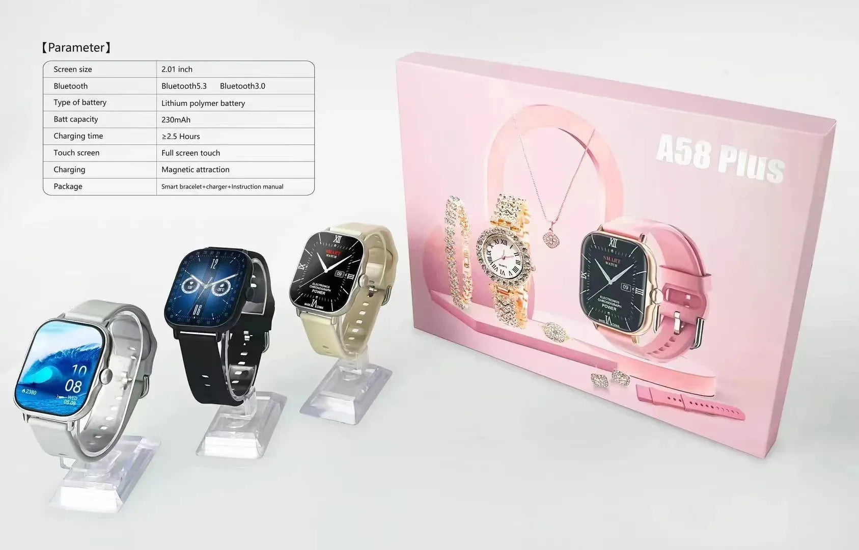 6-in-1 Smartwatch & Jewelry Gift Set – A58 Plus for Women
